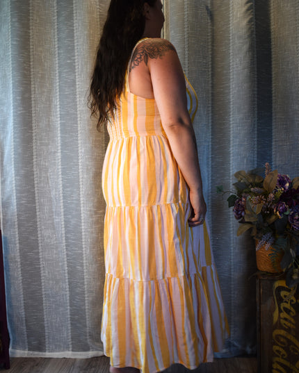 Free Assembly Striped Sundress with Elastic Shirred Back Panel & Pockets