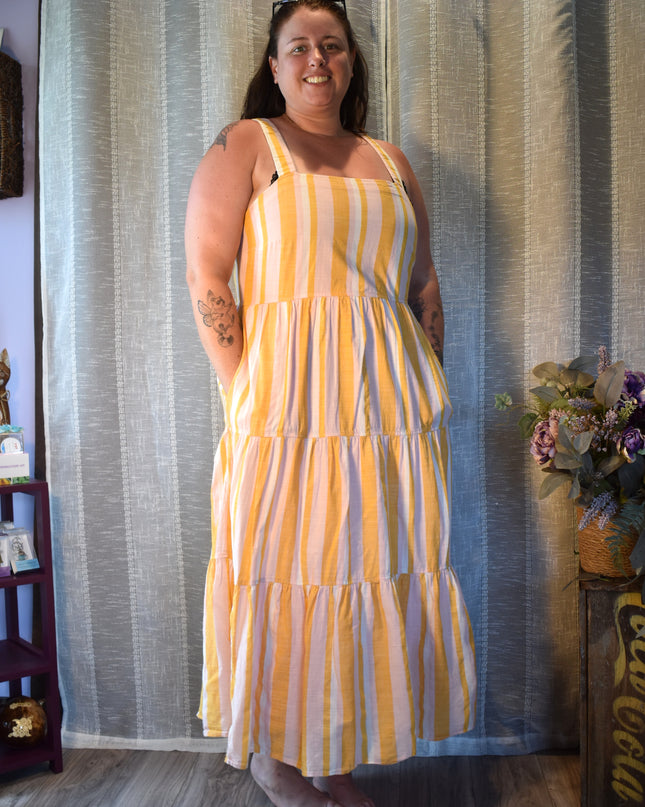 Free Assembly Striped Sundress with Elastic Shirred Back Panel & Pockets
