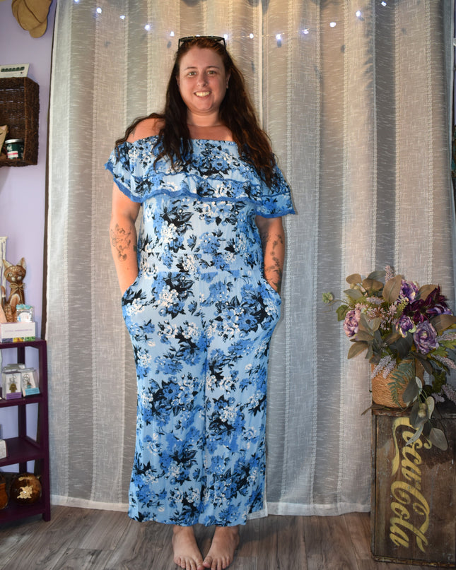 Sofia Jeans by Sofia Vergara One Piece Blue Floral Off the Shoulder Summer Wide Leg Jumpsuit