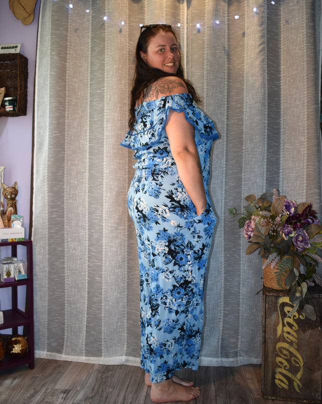 Sofia Jeans by Sofia Vergara One Piece Blue Floral Off the Shoulder Summer Wide Leg Jumpsuit