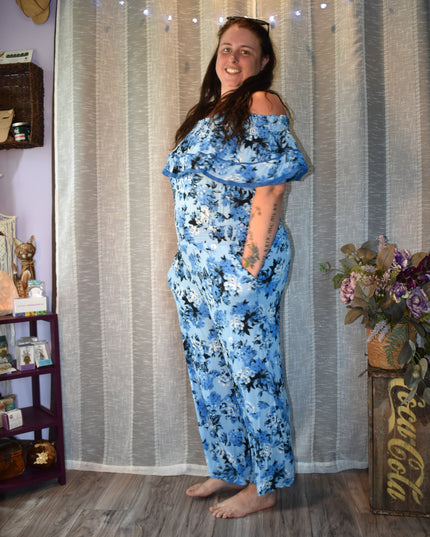 Sofia Jeans by Sofia Vergara One Piece Blue Floral Off the Shoulder Summer Wide Leg Jumpsuit
