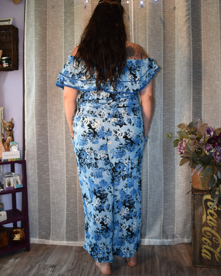 Sofia Jeans by Sofia Vergara One Piece Blue Floral Off the Shoulder Summer Wide Leg Jumpsuit