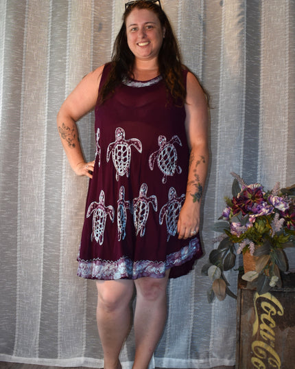 Purple Batik Shift Scoop Neck Embroidered Sea Turtle Dress