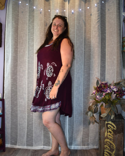 Purple Batik Shift Scoop Neck Embroidered Sea Turtle Dress
