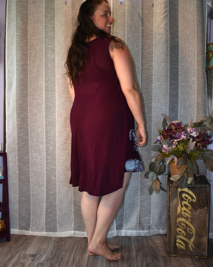 Purple Batik Shift Scoop Neck Embroidered Sea Turtle Dress