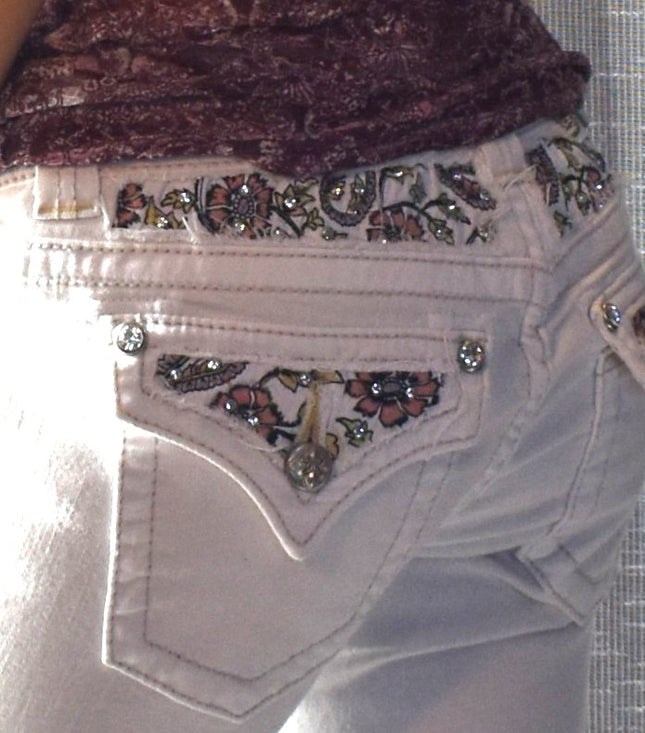 Miss Me Signature Vintage Y2k White Denim Embellished Capris