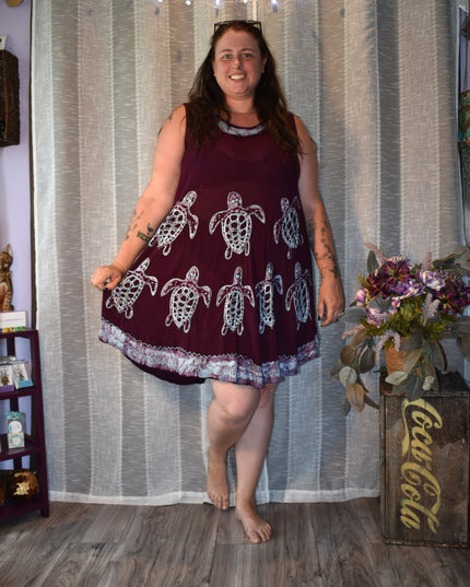 Purple Batik Shift Scoop Neck Embroidered Sea Turtle Dress