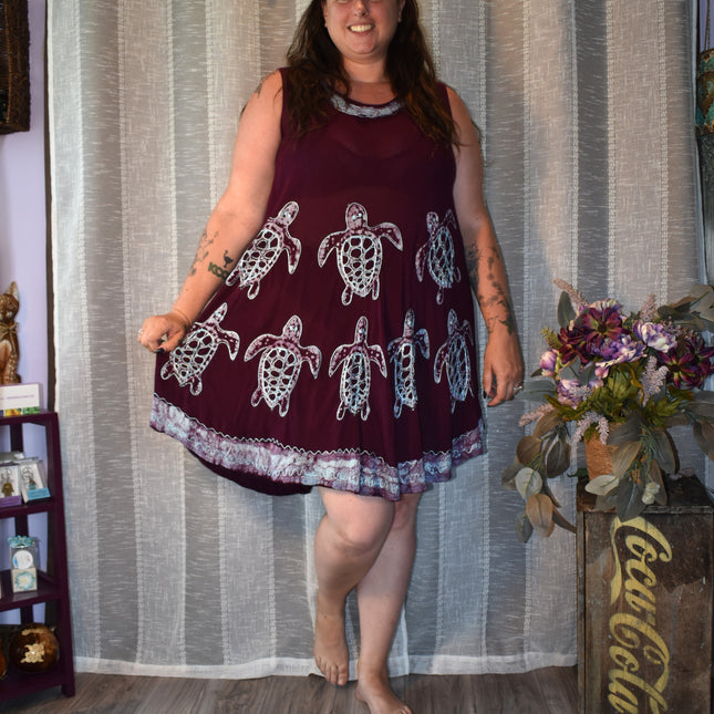 Purple Batik Shift Scoop Neck Embroidered Sea Turtle Dress