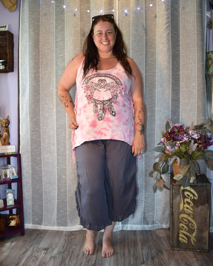 Match Point USA Charcoal Color Wide Leg Linen Boho Lagenlook Ruffle Pants with Drawstring Side Seams