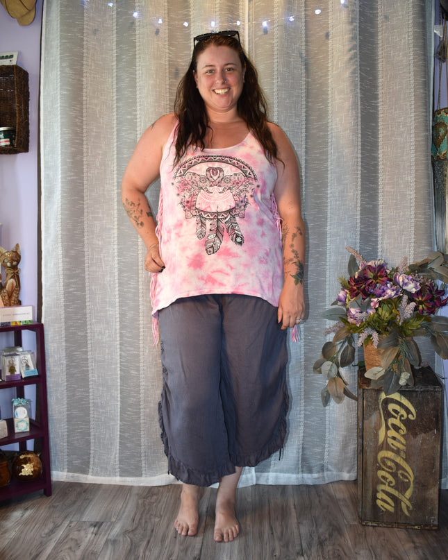 Match Point USA Charcoal Color Wide Leg Linen Boho Lagenlook Ruffle Pants with Drawstring Side Seams
