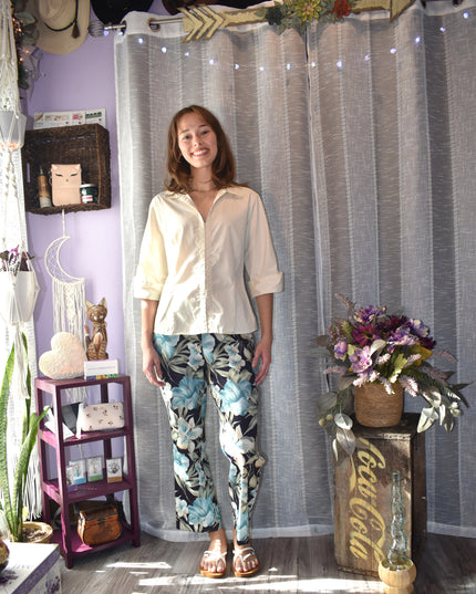 Cache Blue Hibiscus Tropical Print Y2k Vintage Capris