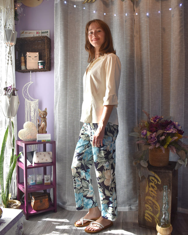 Cache Blue Hibiscus Tropical Print Y2k Vintage Capris