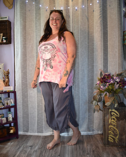 Match Point USA Charcoal Color Wide Leg Linen Boho Lagenlook Ruffle Pants with Drawstring Side Seams