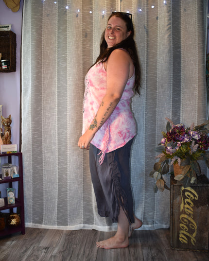 Match Point USA Charcoal Color Wide Leg Linen Boho Lagenlook Ruffle Pants with Drawstring Side Seams