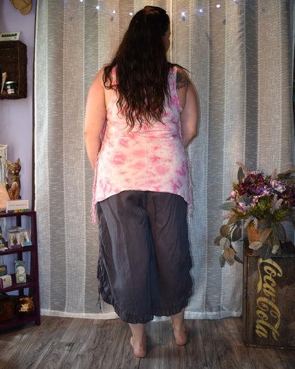 Match Point USA Charcoal Color Wide Leg Linen Boho Lagenlook Ruffle Pants with Drawstring Side Seams