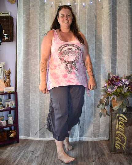 Match Point USA Charcoal Color Wide Leg Linen Boho Lagenlook Ruffle Pants with Drawstring Side Seams