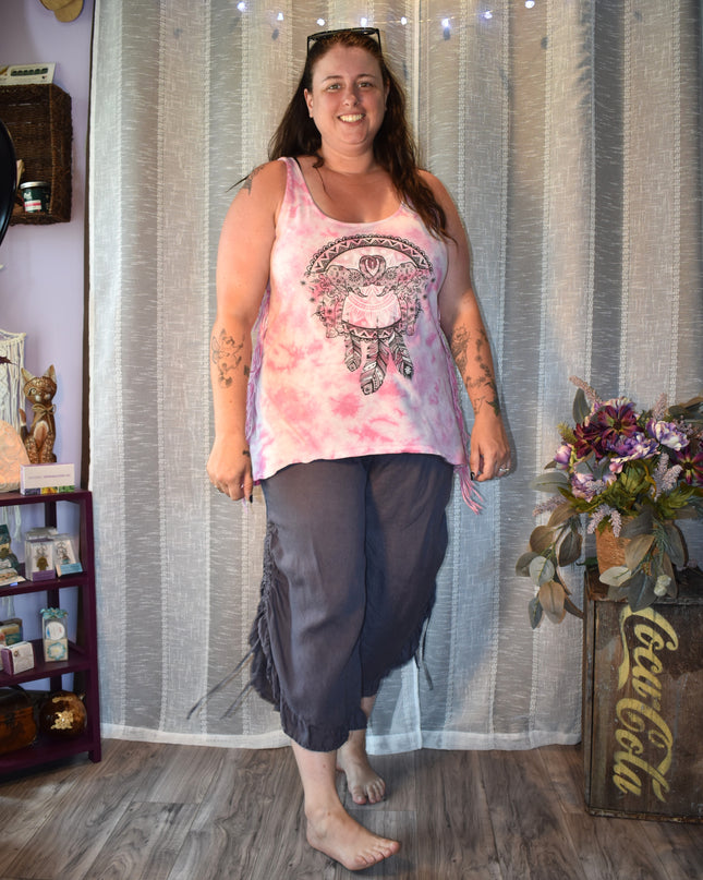 Match Point USA Charcoal Color Wide Leg Linen Boho Lagenlook Ruffle Pants with Drawstring Side Seams