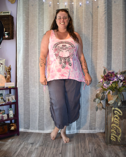 Match Point USA Charcoal Color Wide Leg Linen Boho Lagenlook Ruffle Pants with Drawstring Side Seams