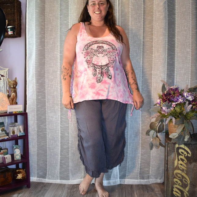 Match Point USA Charcoal Color Wide Leg Linen Boho Lagenlook Ruffle Pants with Drawstring Side Seams