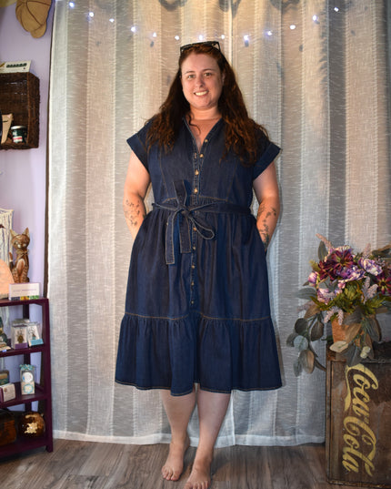 New Ava & Viv Dark Denim Button Front Tie Waist Dress with Tiered Hem