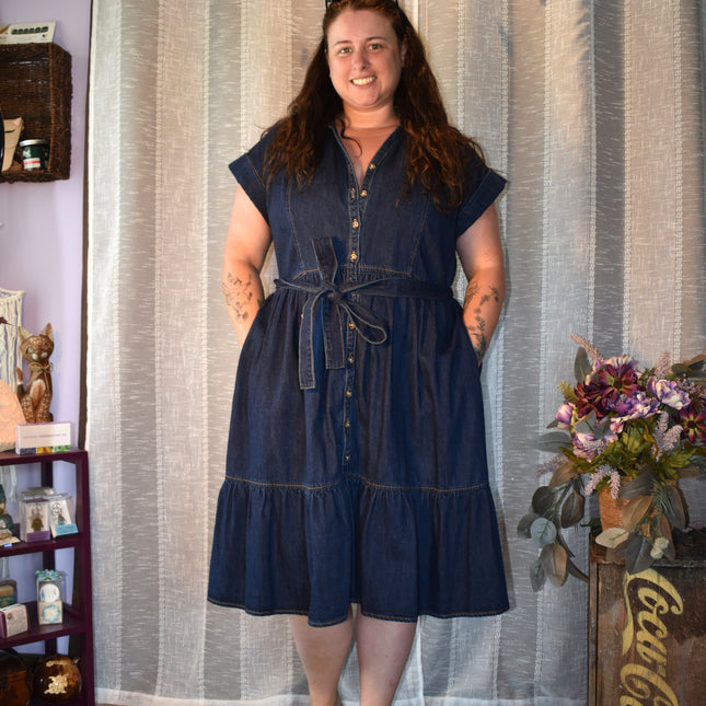 New Ava & Viv Dark Denim Button Front Tie Waist Dress with Tiered Hem