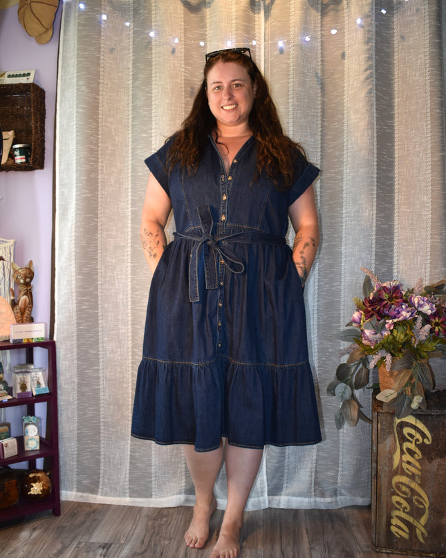 New Ava & Viv Dark Denim Button Front Tie Waist Dress with Tiered Hem
