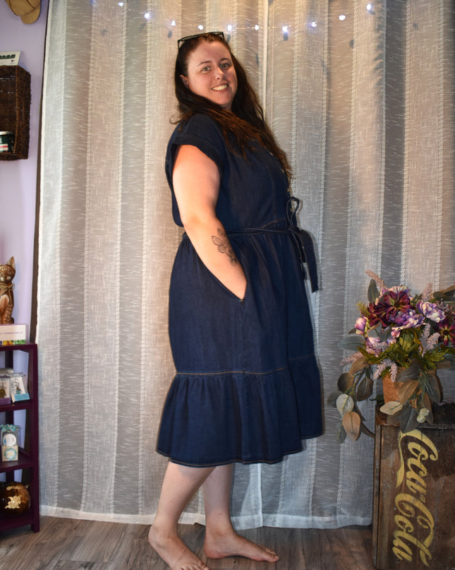 New Ava & Viv Dark Denim Button Front Tie Waist Dress with Tiered Hem