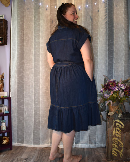 New Ava & Viv Dark Denim Button Front Tie Waist Dress with Tiered Hem