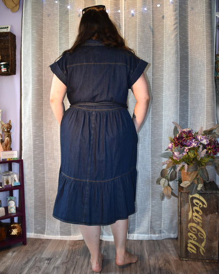 New Ava & Viv Dark Denim Button Front Tie Waist Dress with Tiered Hem