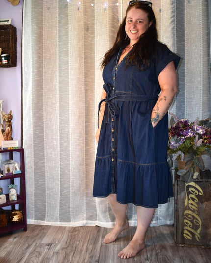 New Ava & Viv Dark Denim Button Front Tie Waist Dress with Tiered Hem