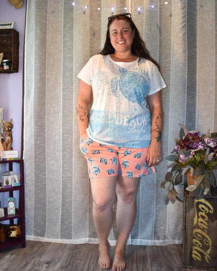 New Coral Bay Soft & Stretchy Elastic Waist Tie Front Sea Turtle Shorts with Pockets