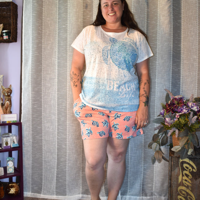 New Coral Bay Soft & Stretchy Elastic Waist Tie Front Sea Turtle Shorts with Pockets