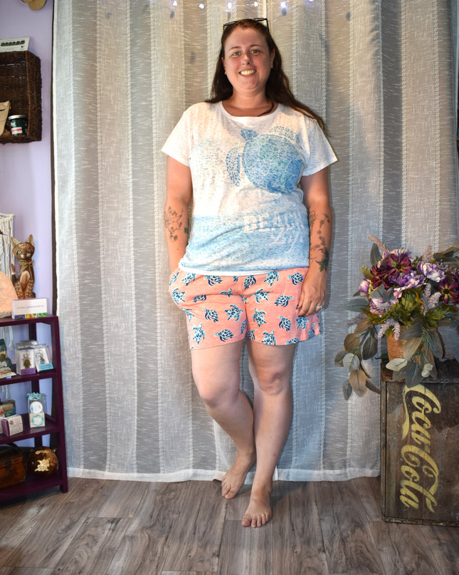 New Coral Bay Soft & Stretchy Elastic Waist Tie Front Sea Turtle Shorts with Pockets