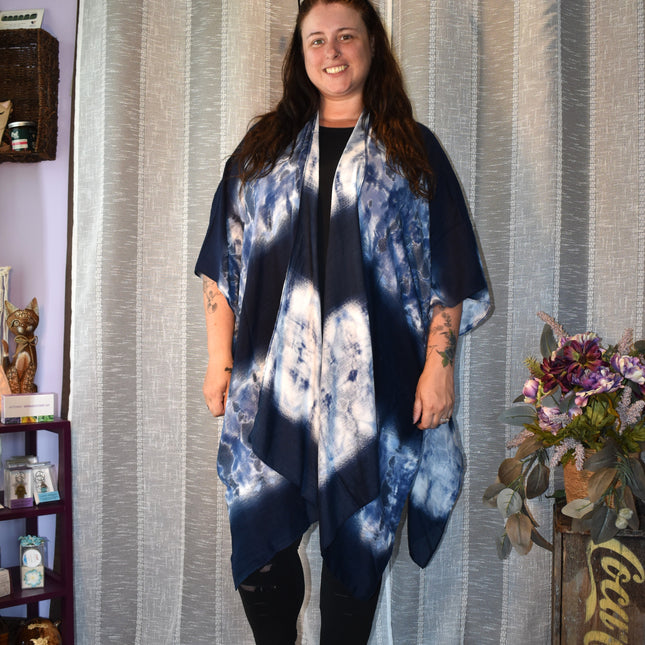 NWOT Time & Try Navy Blue Tie Dye Design Lightweight Kimono Cardigan