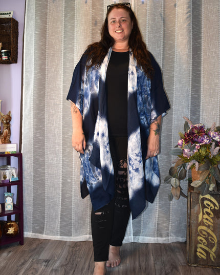 NWOT Time & Try Navy Blue Tie Dye Design Lightweight Kimono Cardigan