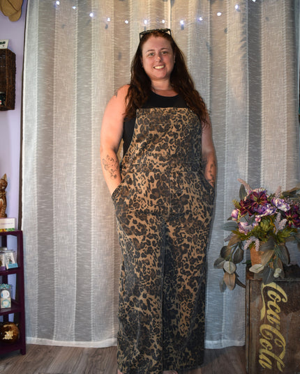 Cider Leopard Print Wide Leg Denim Bib Cargo Overalls