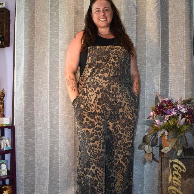Cider Leopard Print Wide Leg Denim Bib Cargo Overalls