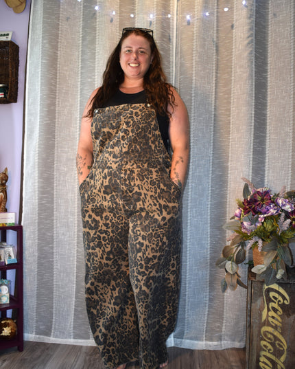 Cider Leopard Print Wide Leg Denim Bib Cargo Overalls