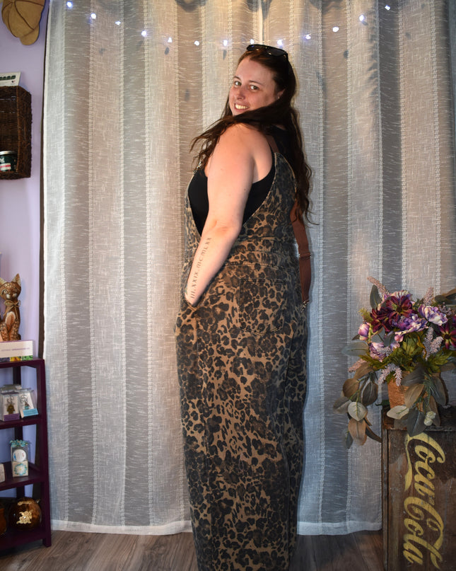 Cider Leopard Print Wide Leg Denim Bib Cargo Overalls