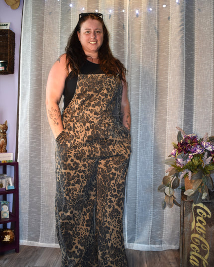 Cider Leopard Print Wide Leg Denim Bib Cargo Overalls