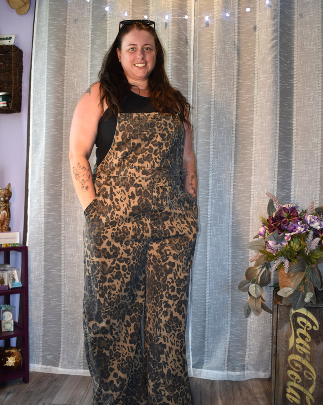 Cider Leopard Print Wide Leg Denim Bib Cargo Overalls