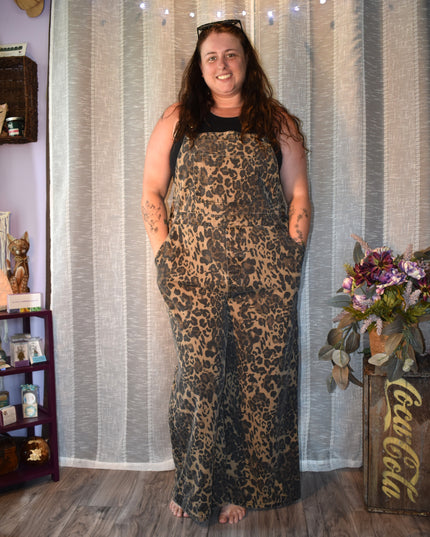 Cider Leopard Print Wide Leg Denim Bib Cargo Overalls