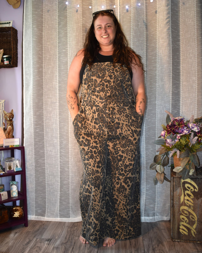 Cider Leopard Print Wide Leg Denim Bib Cargo Overalls