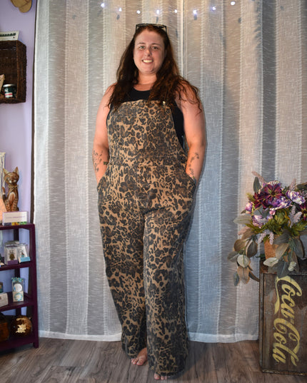 Cider Leopard Print Wide Leg Denim Bib Cargo Overalls