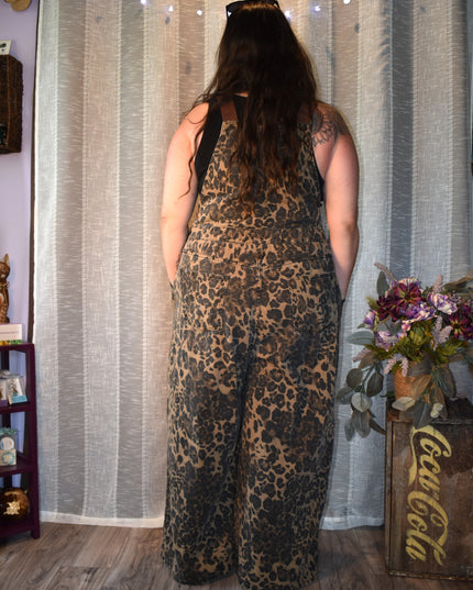 Cider Leopard Print Wide Leg Denim Bib Cargo Overalls