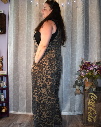Cider Leopard Print Wide Leg Denim Bib Cargo Overalls