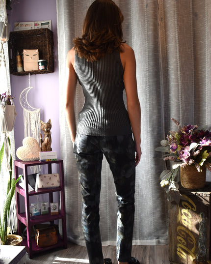 Pure Amici Elastic Waist Black Floral Tapered Leggings with Rear Patch Pockets