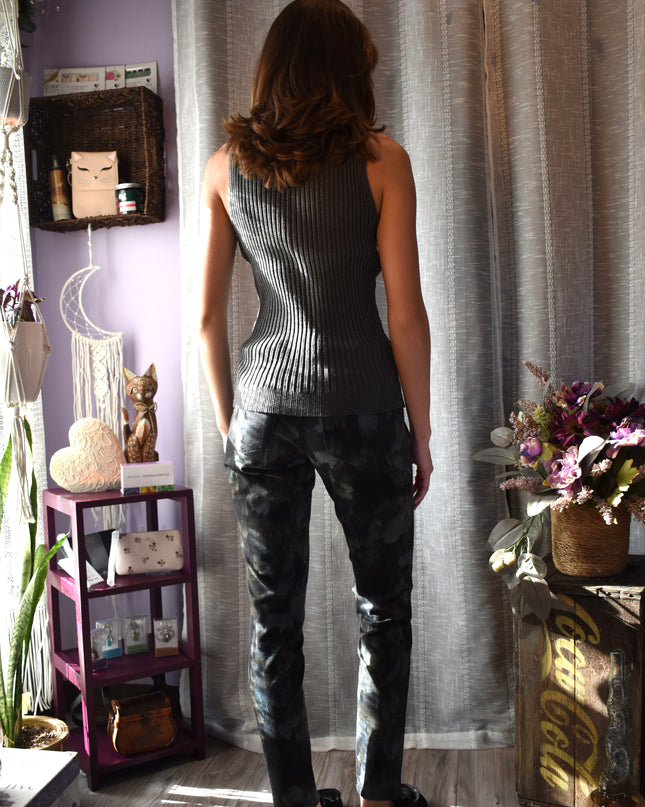 Pure Amici Elastic Waist Black Floral Tapered Leggings with Rear Patch Pockets