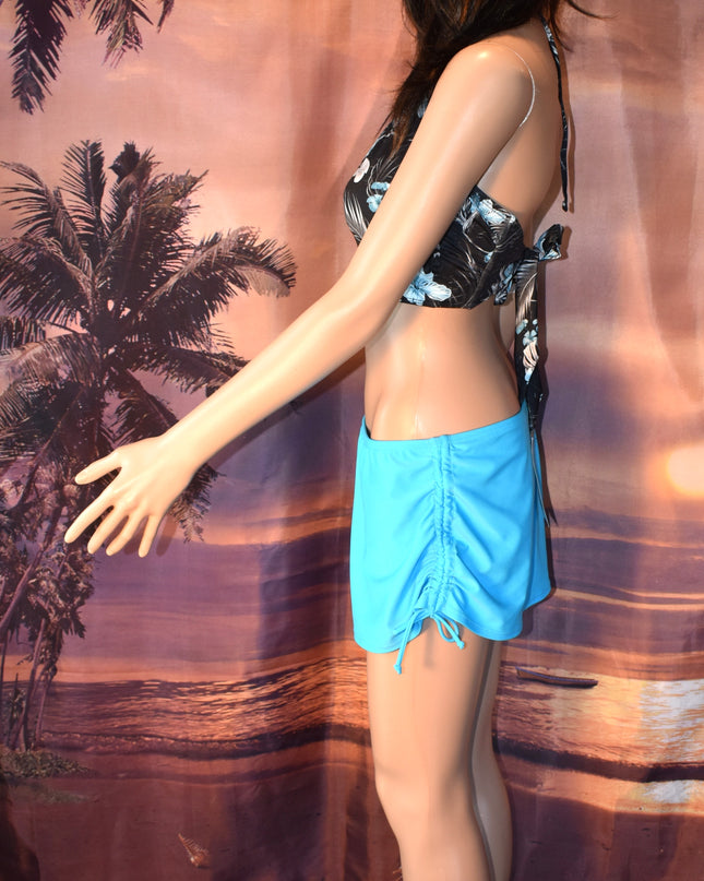 New Hapari UPF 50+ Two-Piece Black Floral Halter Top & Turquoise Swim Skirt with Built-In-Brief Set