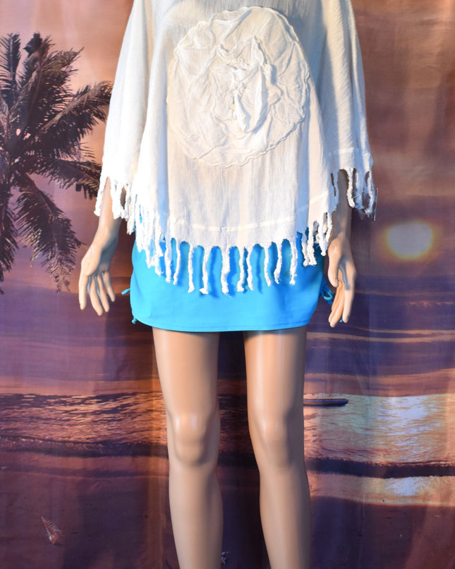 New Cottonways 100% Cotton Gauze Fringe Boho Poncho Top or Beach Cover-Up with Flower Applique